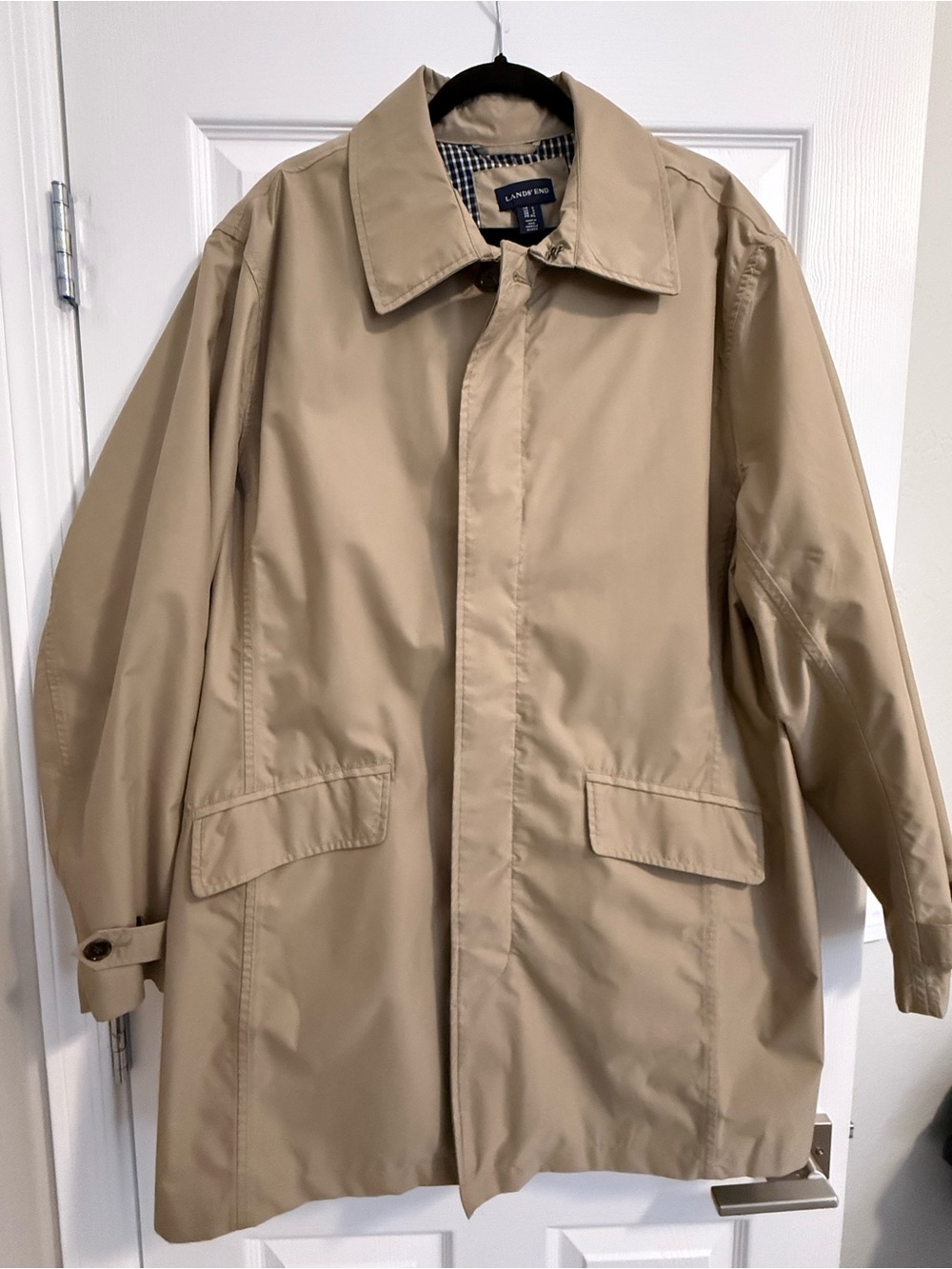 Lands' End Men's Tan Trench Rain Coat Gingham Lined Size L